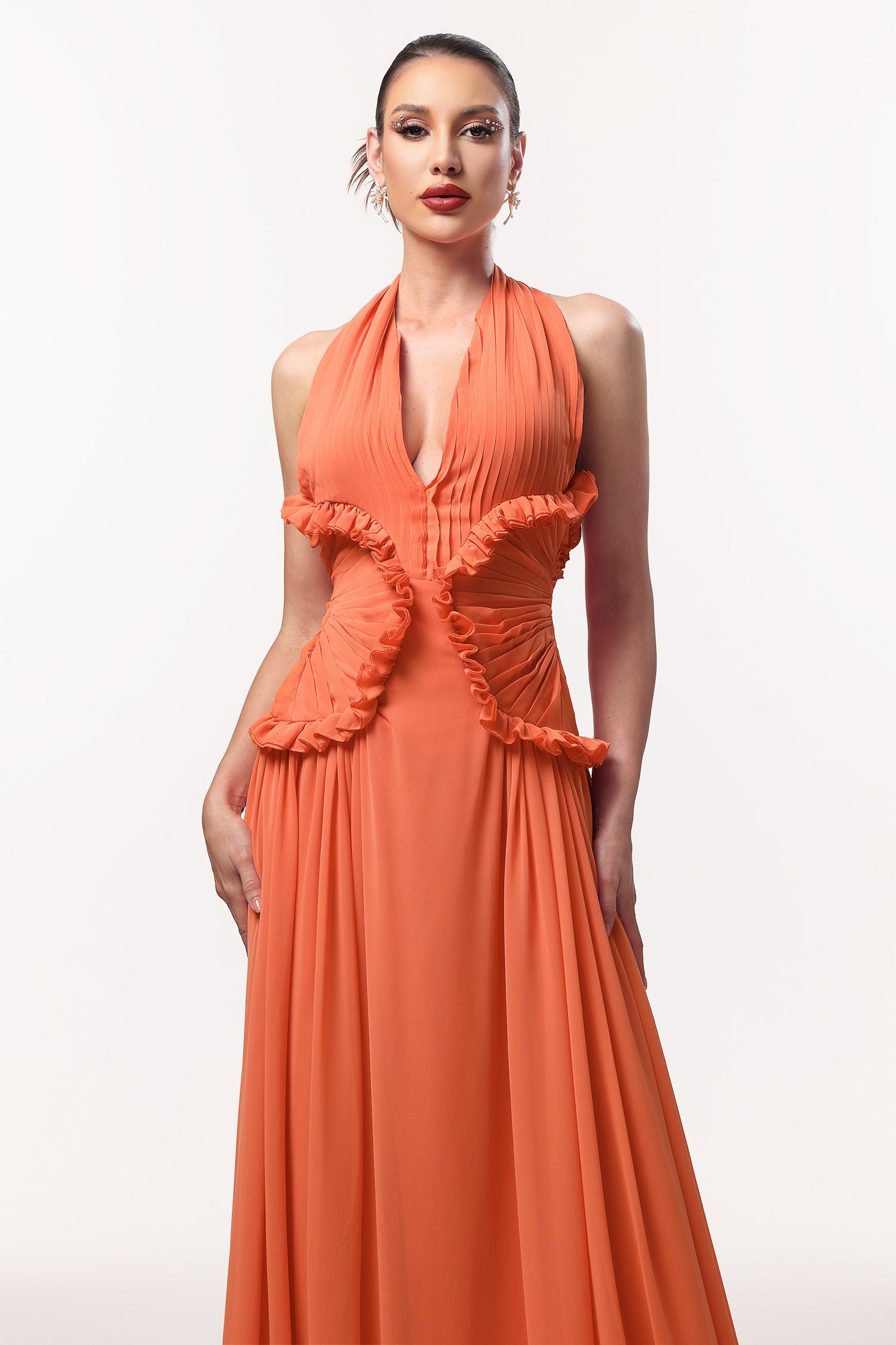 Pinky Resort Flowy Halter Ruched Mesh Maxi Dress