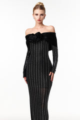 Uareni Elegant Contour Off Shoulder Crystal Floral Mesh Maxi Dress