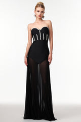 Samira Sexy Contour Rhinestone Bandage Mesh Maxi Dress
