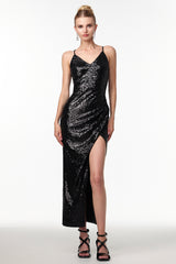 Katty Sexy Contour V Neck Sleeveless Slit Sequin Maxi Dress