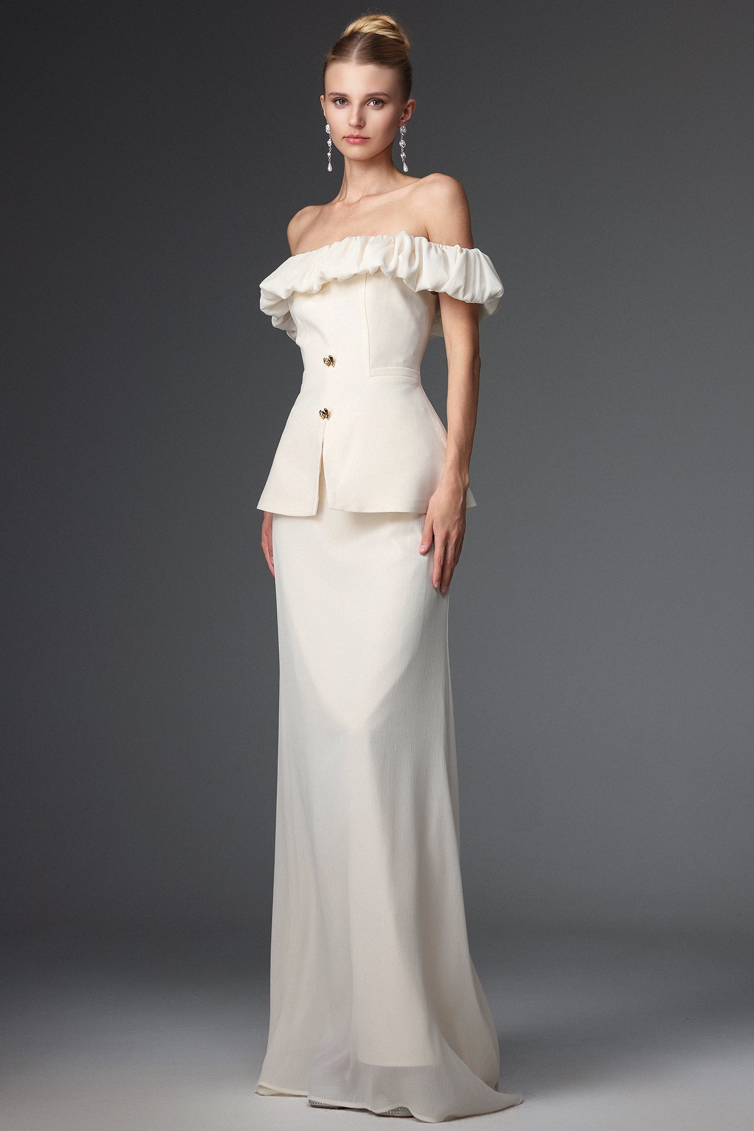 Mamie Elegant Tailored Off Shoulder Ruched Two Piece Set