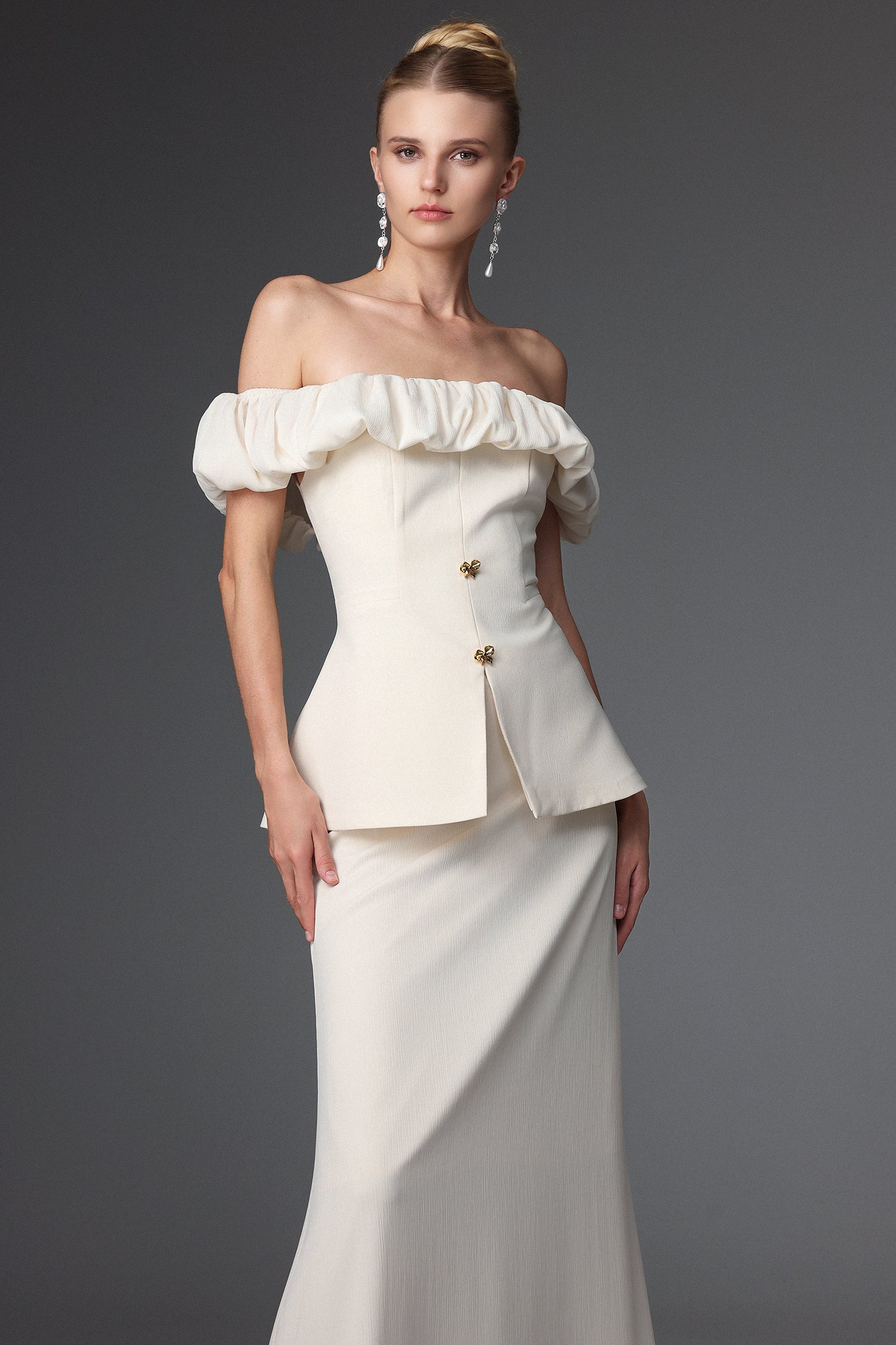 Mamie Elegant Tailored Off Shoulder Ruched Two Piece Set