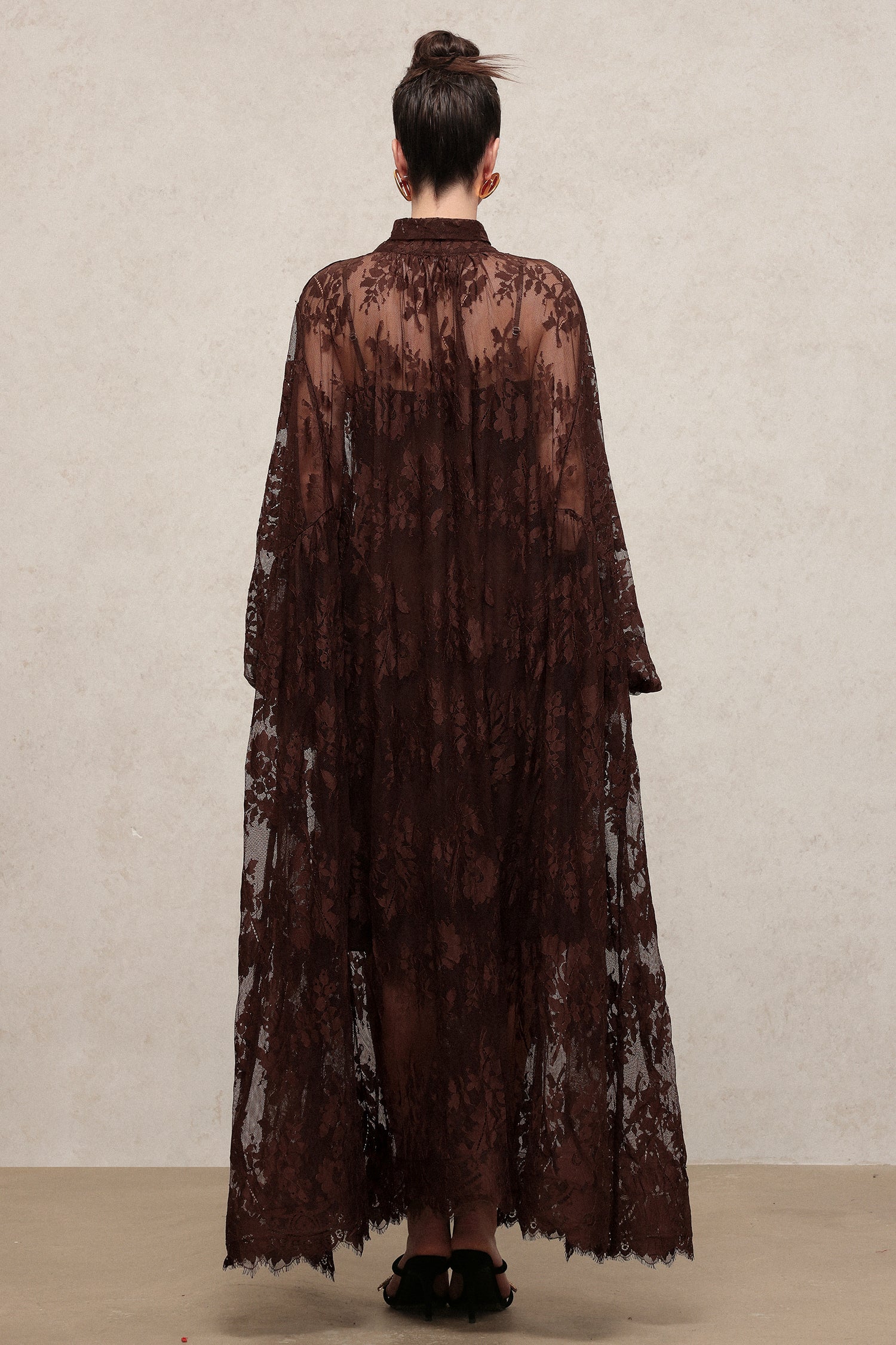 Deliyn Resort Flowy Long Sleeve Embroidered Mesh Lace Maxi Dress