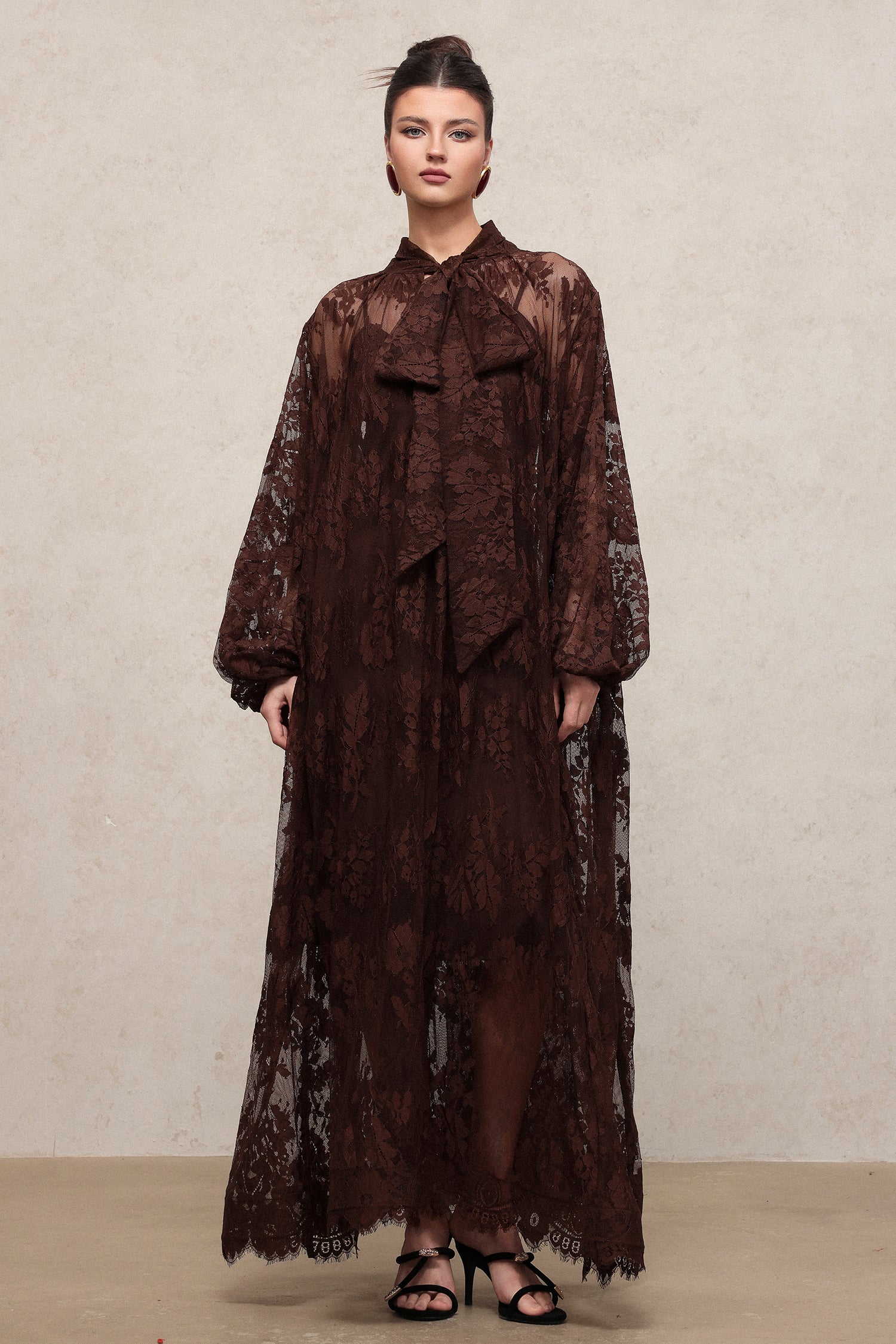 Deliyn Resort Flowy Long Sleeve Embroidered Mesh Lace Maxi Dress