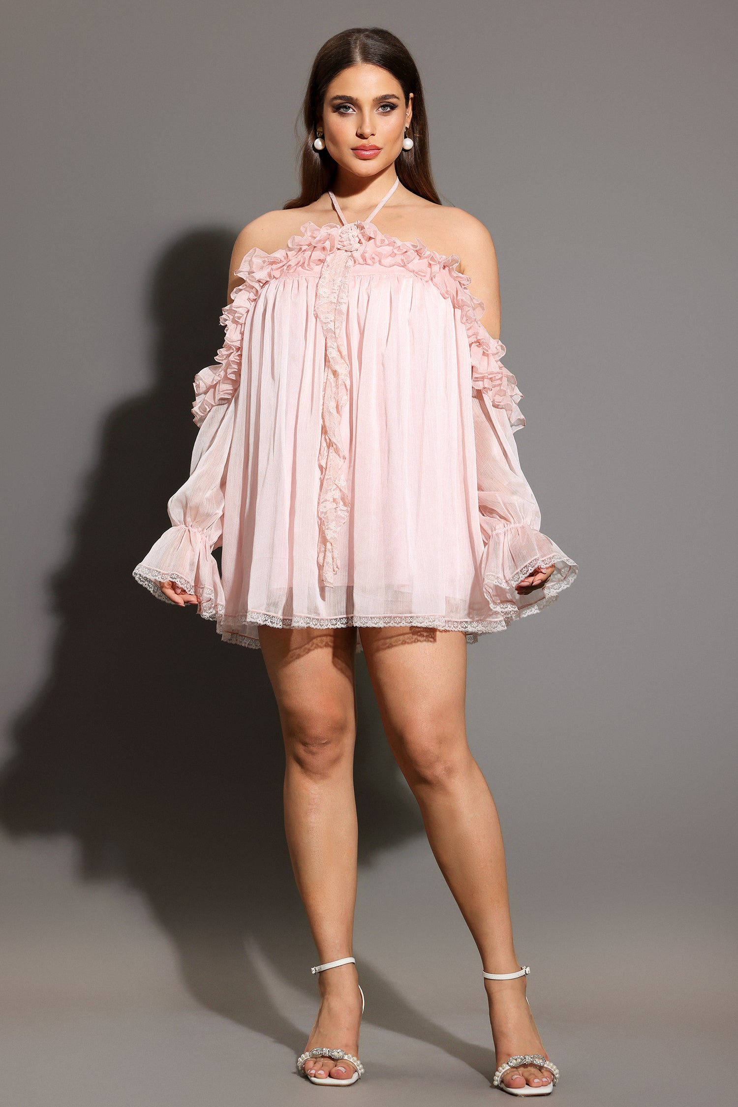 Estella Long Sleeves Flowers Folds Mini Dress