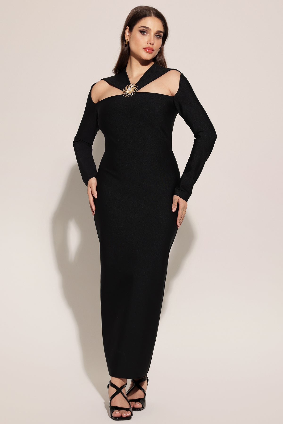 Lave Long Sleeves Hollow Out Bandage Maxi Dress