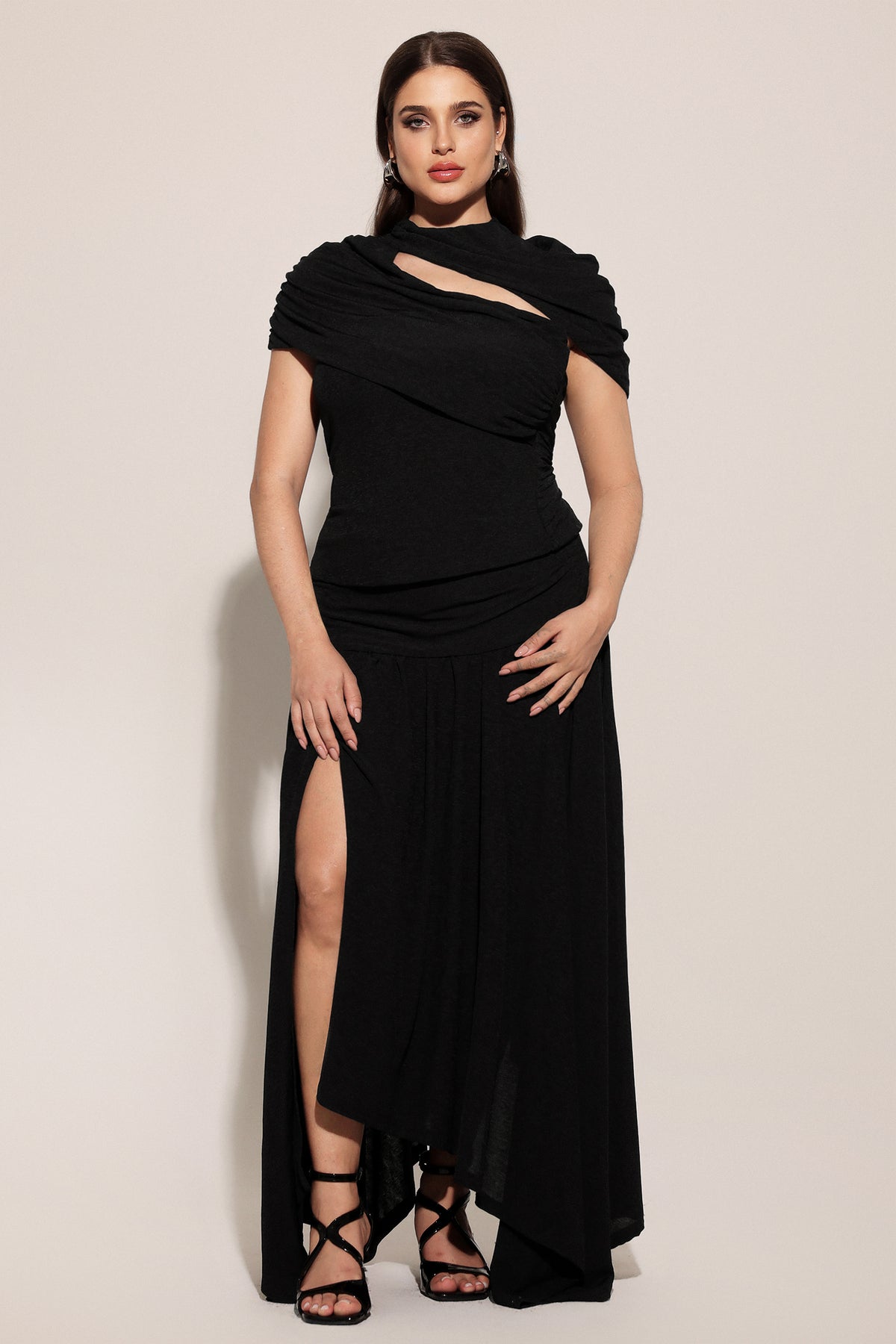 Gaki Short Sleeves Asymmetric Folds Top And Skirt Two-Piece Set