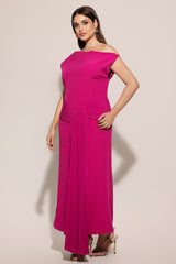 Paulina Oblique Shoulder Sleeveless Folds RosePink Midi Dress