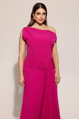 Paulina Oblique Shoulder Sleeveless Folds RosePink Midi Dress