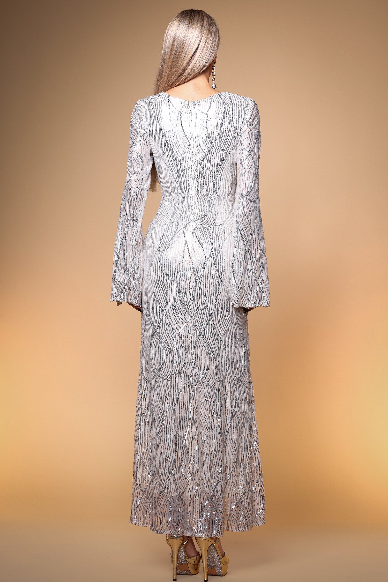 Kamaria Elegant Lustrous Cape Sleeve Sequin White Maxi Dress