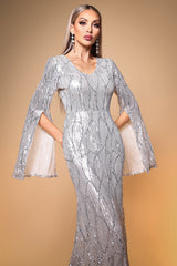 Kamaria Elegant Lustrous Cape Sleeve Sequin White Maxi Dress