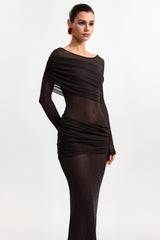 Moony Elegant Contour Long Sleeve Pleated Mesh Maxi Dress
