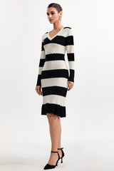 Donnica Elegant Contour V Neck Long Sleeve Stripe Knit Mini Dress