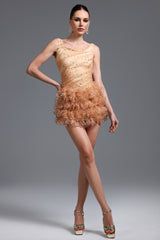 Veronic Romantic Embellished Sleeveless Ruffle Sequin Mini Dress