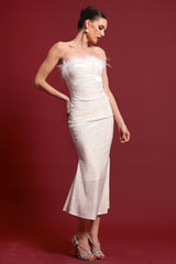 Fala Glamorous Contour Strapless Ruched Feather Velvet Maxi Dress