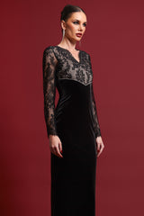 Lotta Sexy Contour V Neck Long Sleeve Lace Velvet Maxi Dress