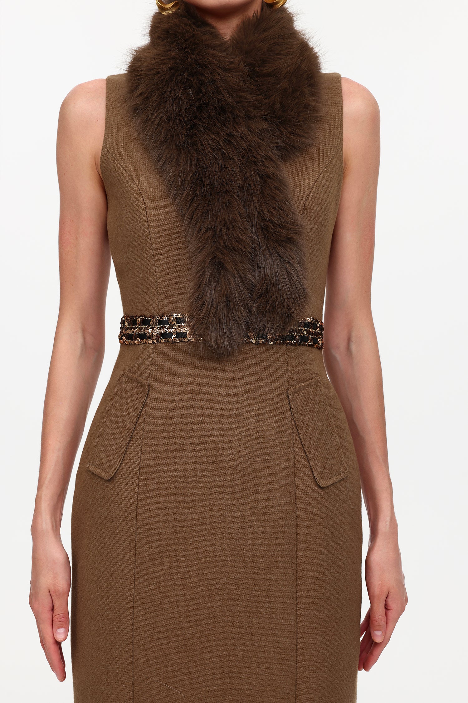 Erise Elegant Tailored Sleeveless Faux Fur Woven Midi Dress