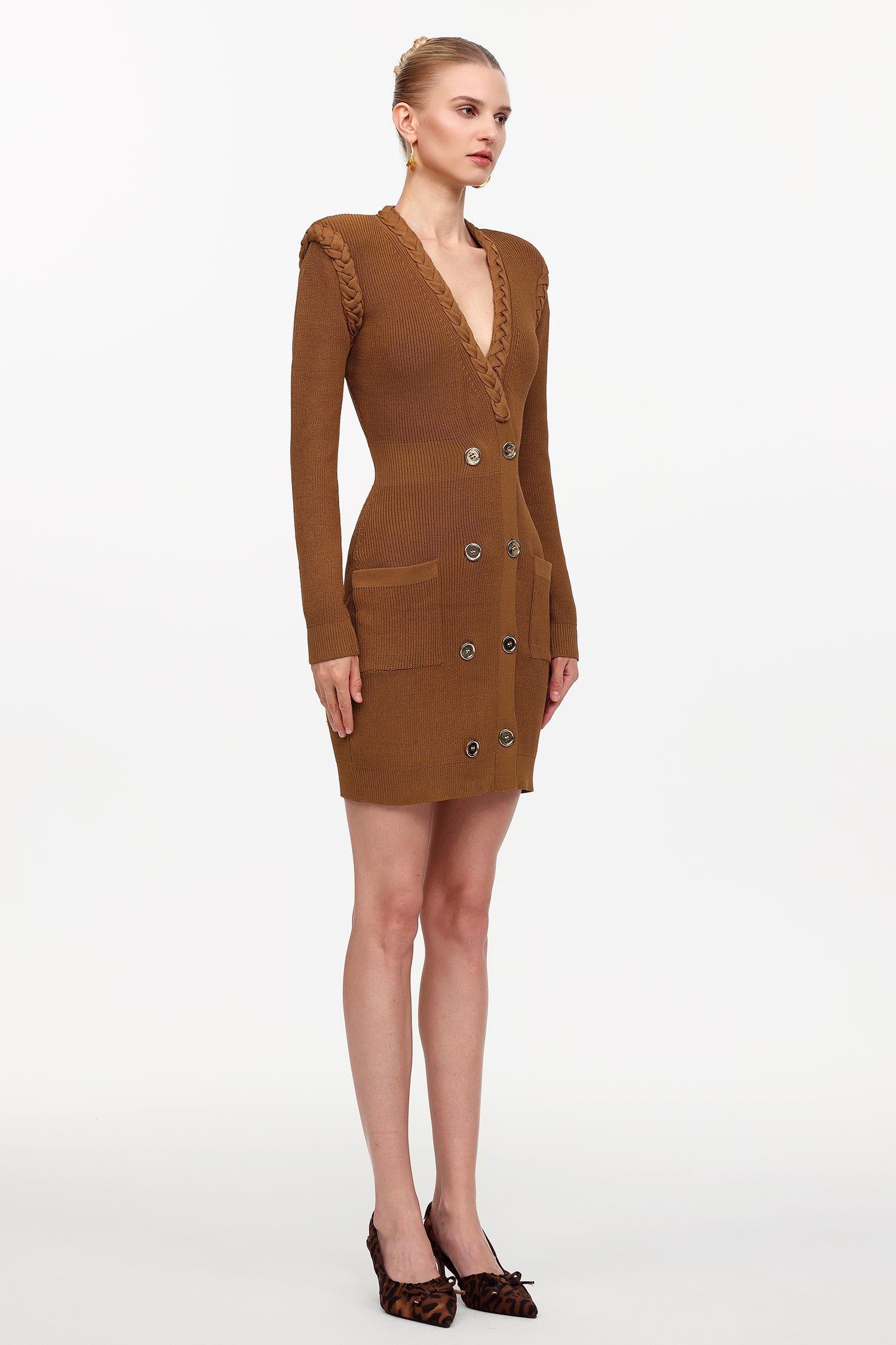 Ulasa Classic Cinched Waist V-Neck Long Sleeve Knit Mini Dress