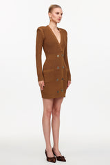 Ulasa Classic Cinched Waist V-Neck Long Sleeve Knit Mini Dress
