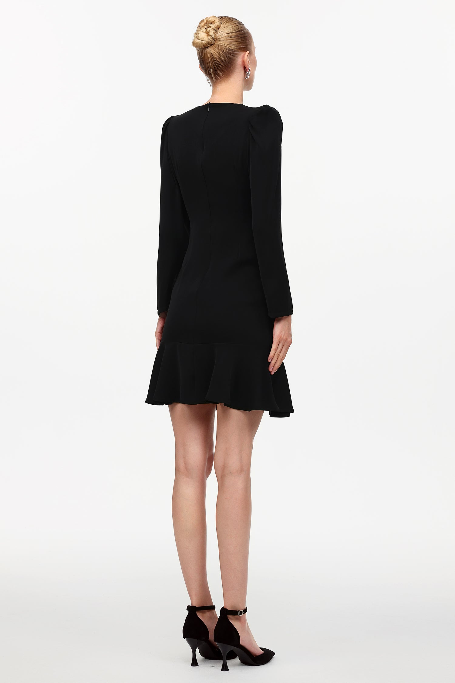 Jiusi Elegant Cinched Waist V-Neck Long Sleeve Beaded Woven Mini Dress