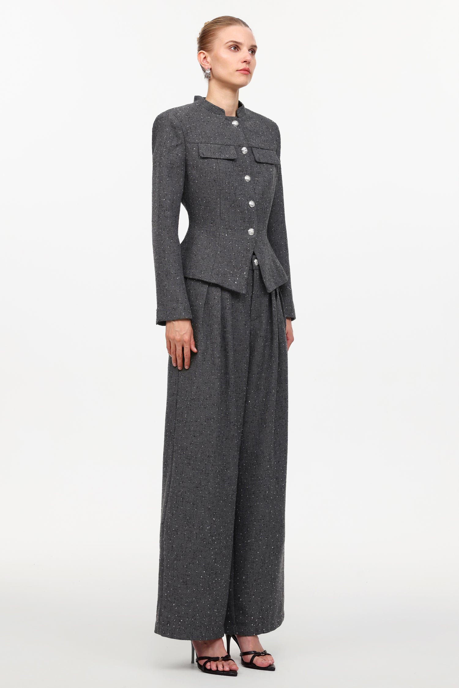 Jye Classic Tailored Long Sleeve Rhinestone Woven Blazer And Pants Two-Piece Set