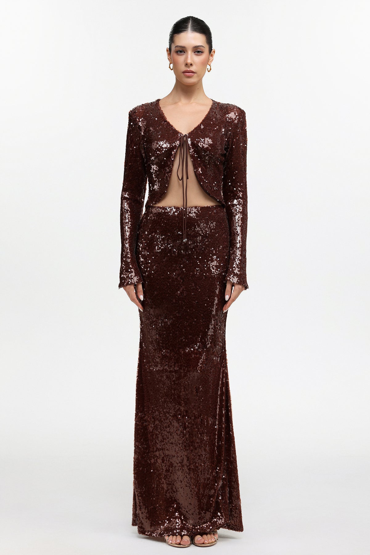 Linnaea Chic Contour Long Sleeve Sequin Top and Skirt Two Piece Set