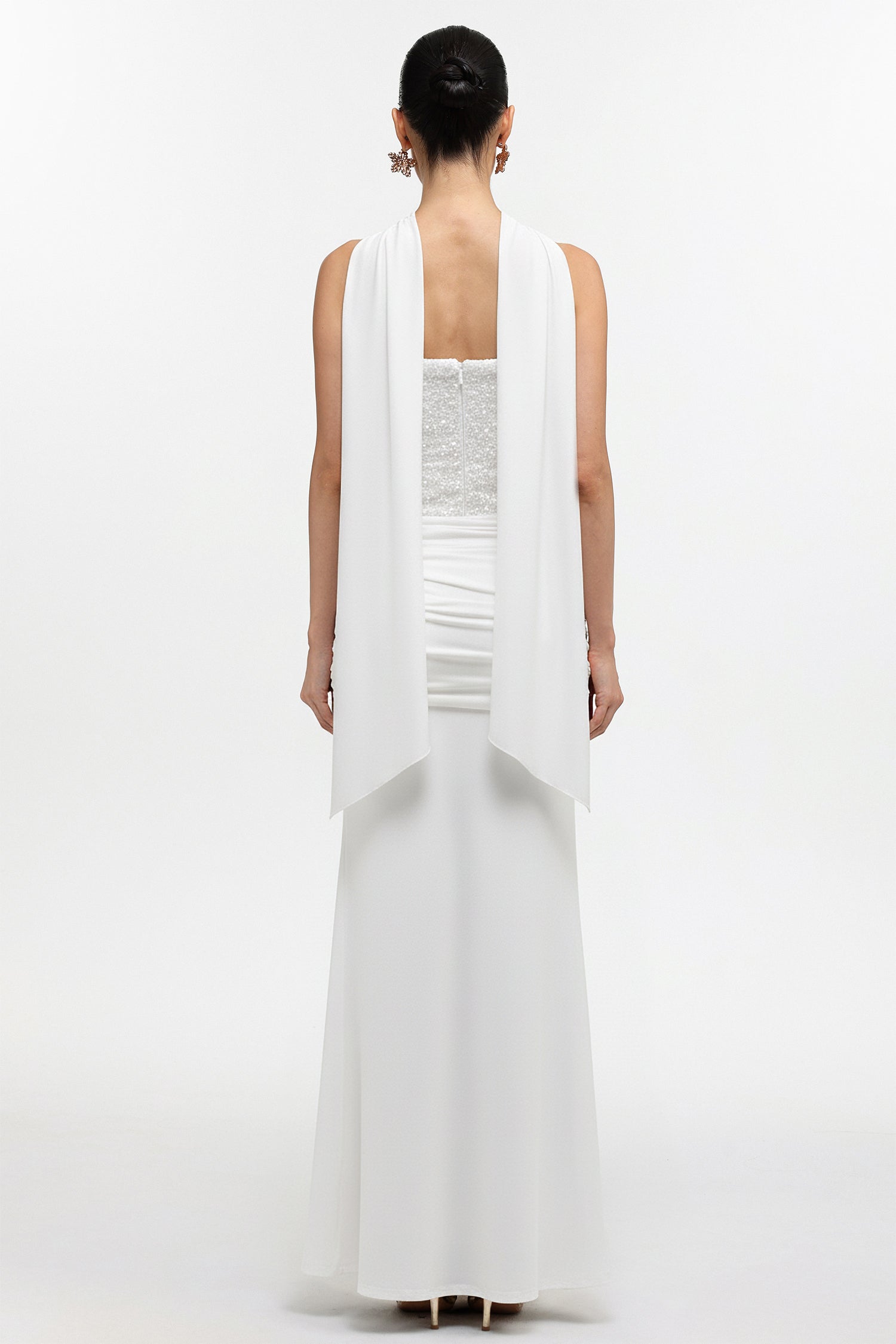Sharlot Elegant Contour Strapless sequin Draped Knit White Maxi Dress