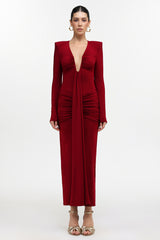Dixie Sexy Contour Long Sleeve Deep V Ruched Knit Maxi Dress