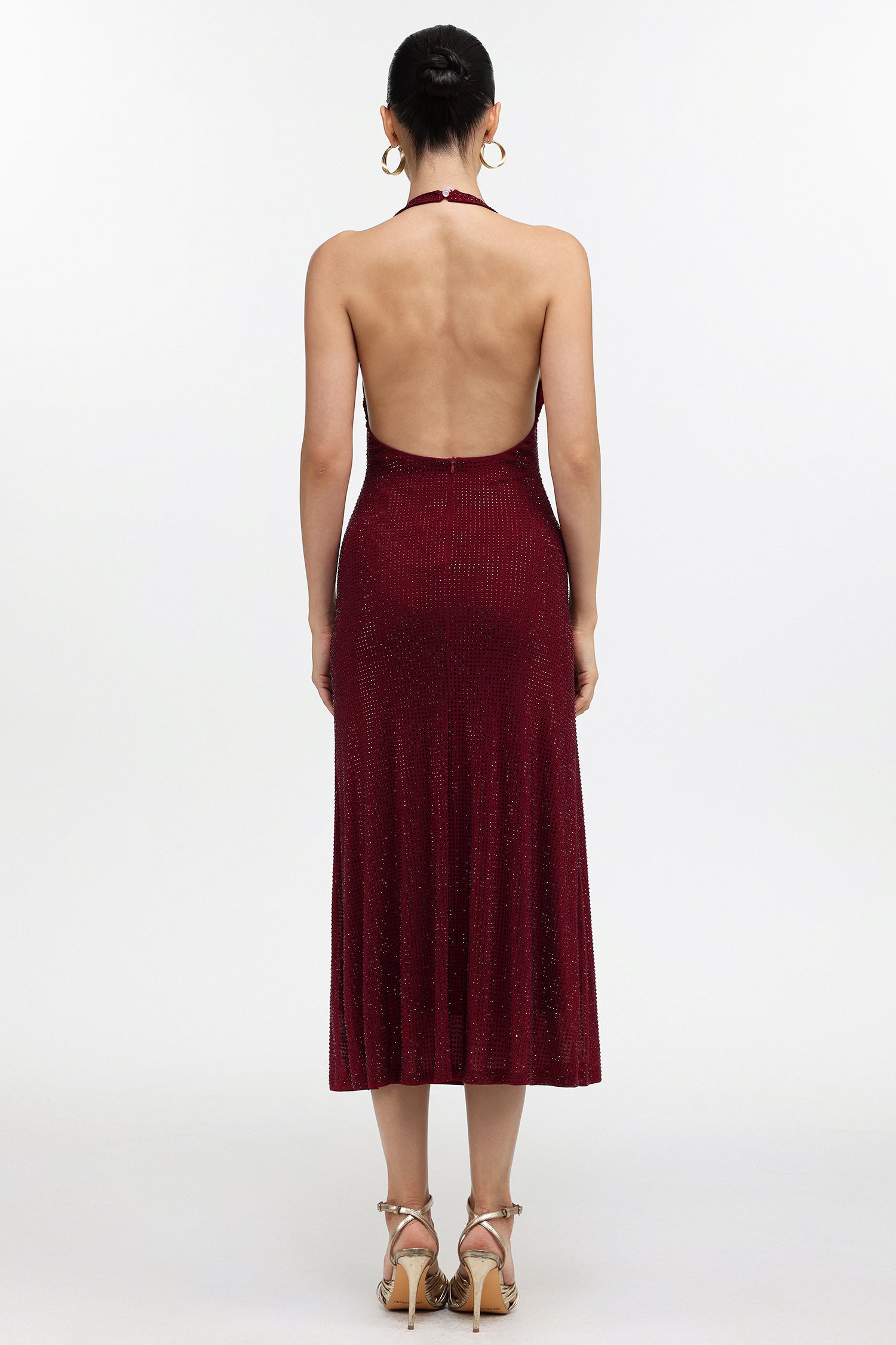 Liaci Romantic Contour Halter Crystal Maxi Dress