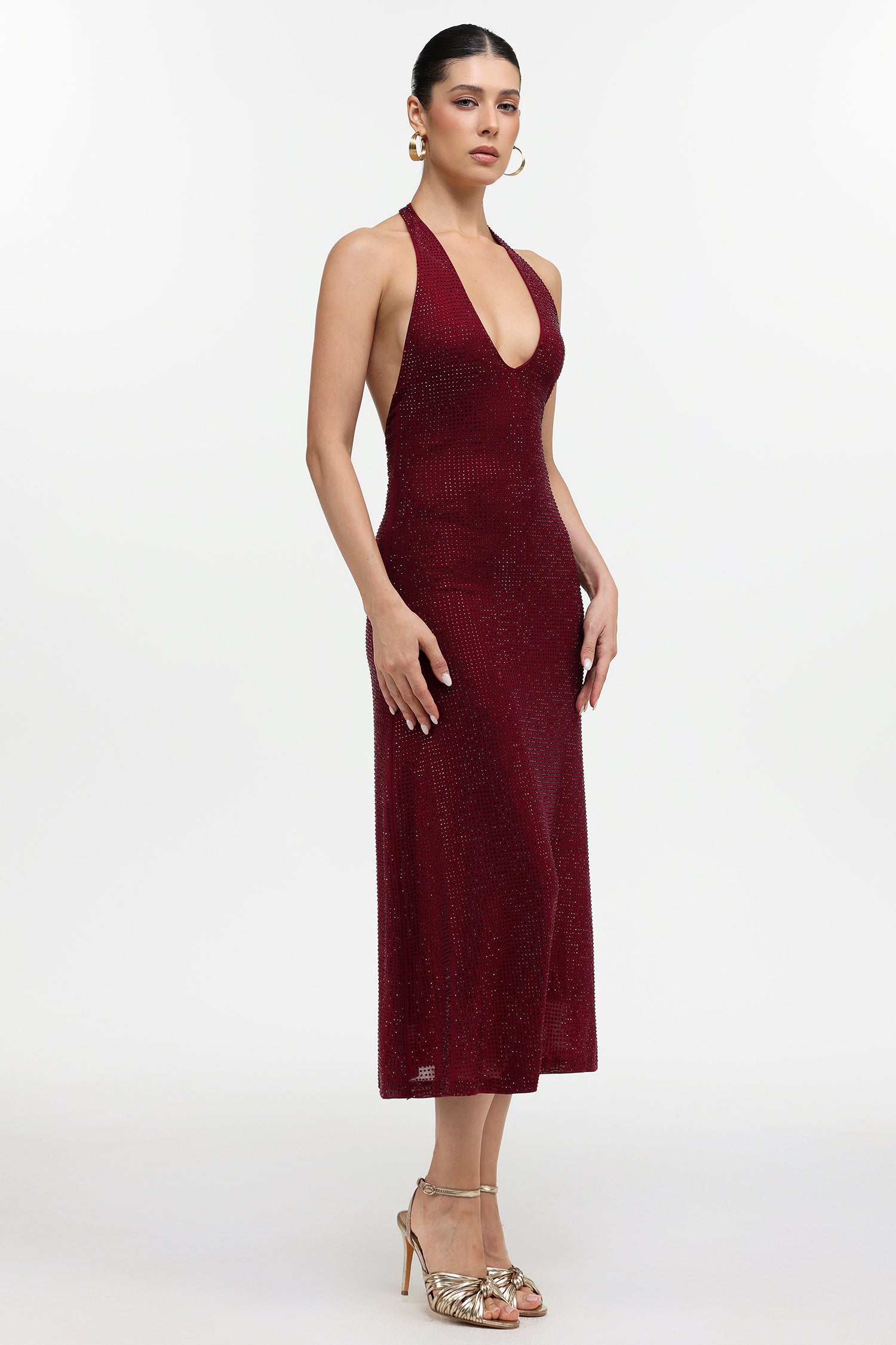 Liaci Romantic Contour Halter Crystal Maxi Dress