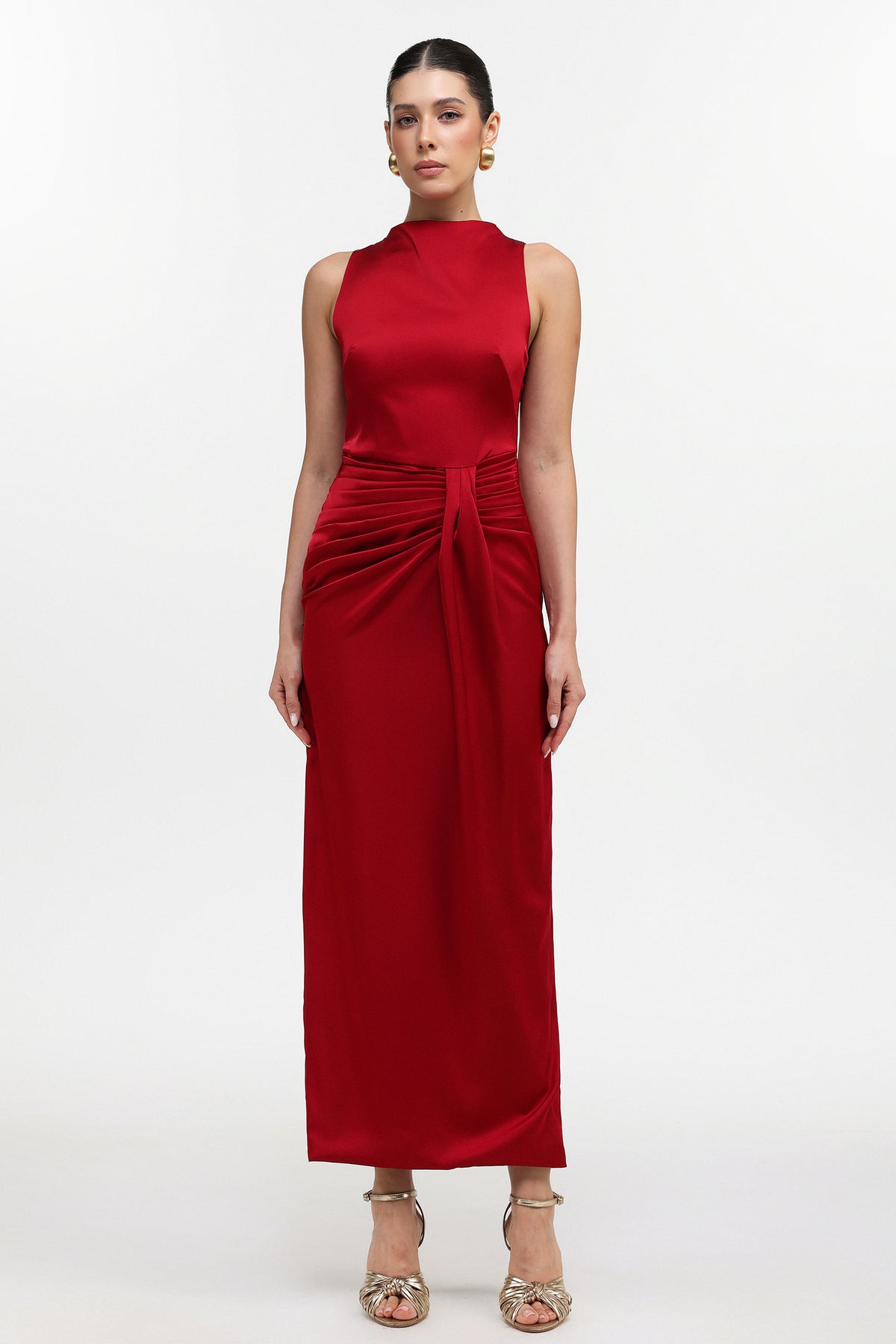 Tyler Elegant Tailored Sleeveless Pleated Satin Maxi Dress