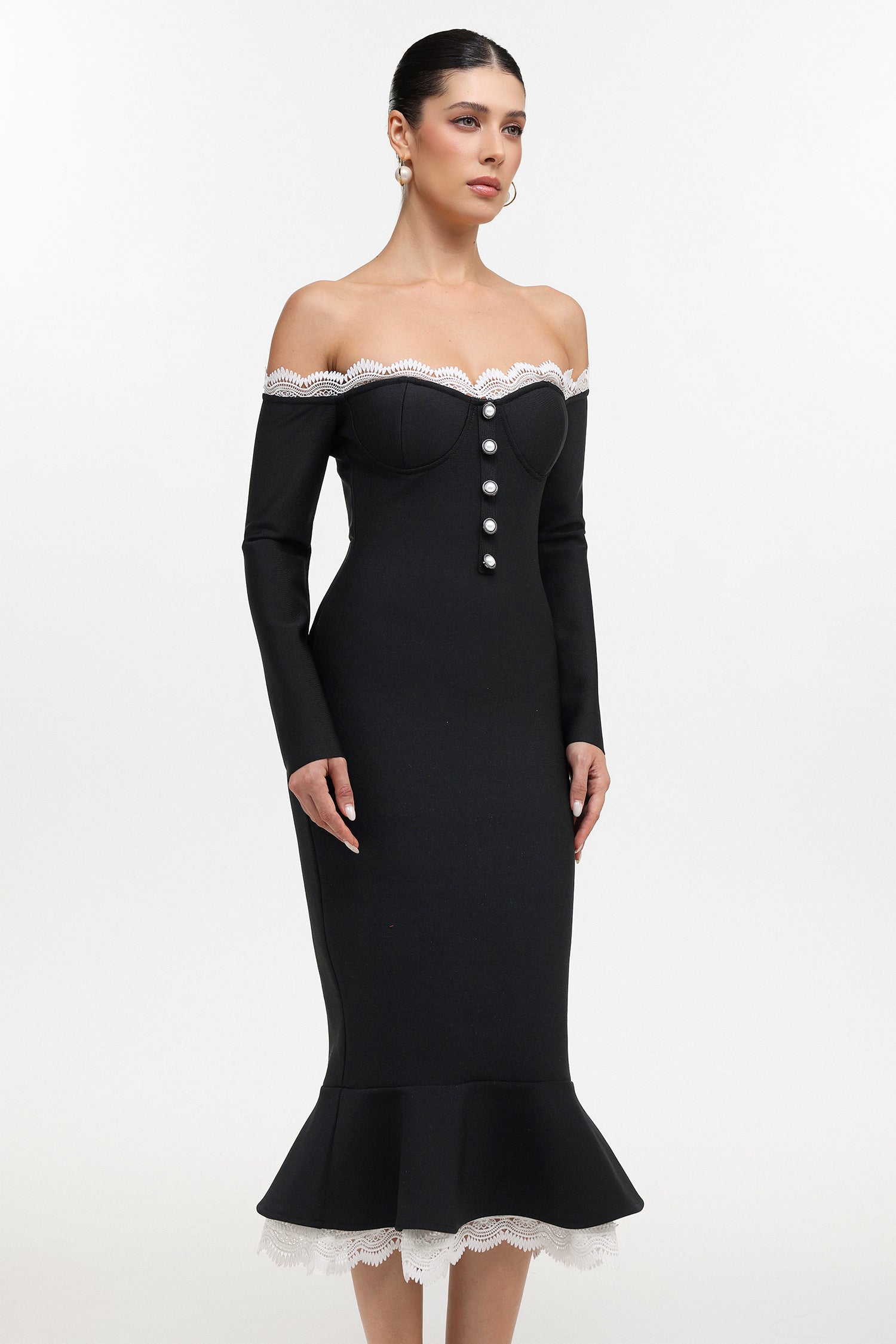 Lousia Romantic Contour Off Shoulder Button Front Lace Trim Bandage Midi Dress