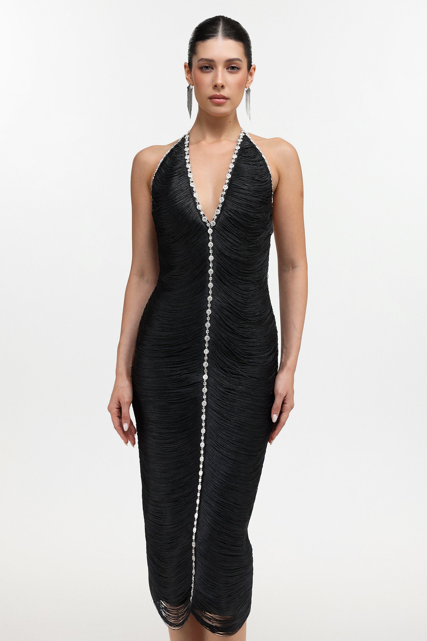 Telka Chic Contour V Neck Fringe Rhinestone Bandage Midi Dress