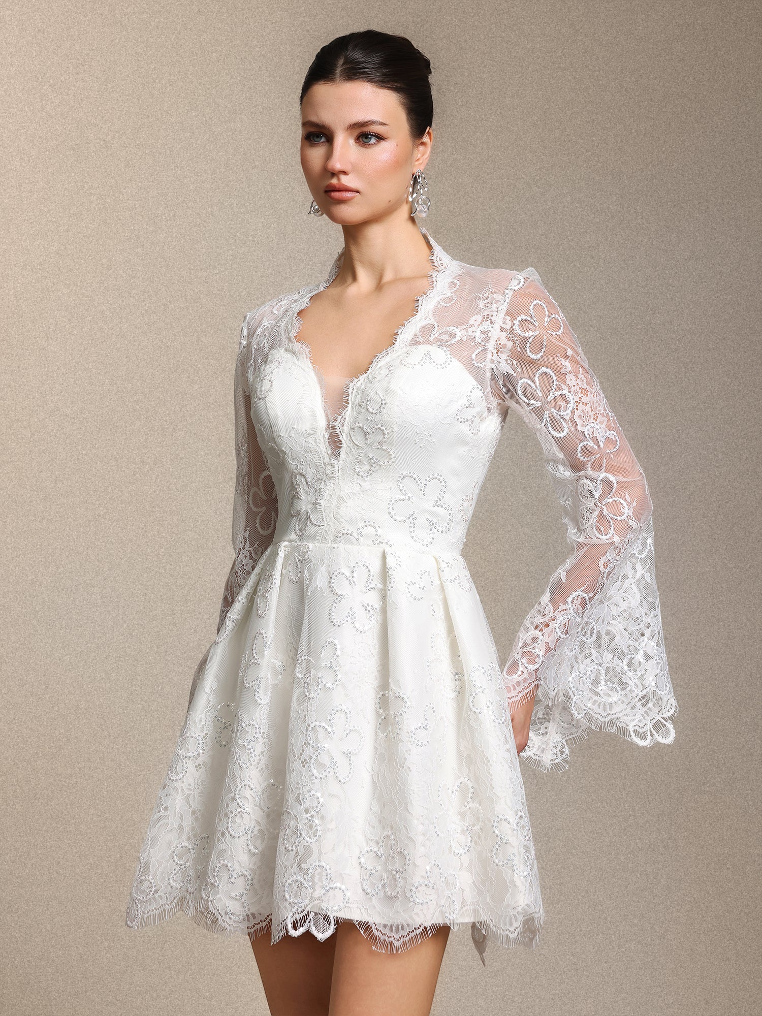 Irare Romantic V Neck Long Sleeve Cinched Waist White Lace Mini Dress
