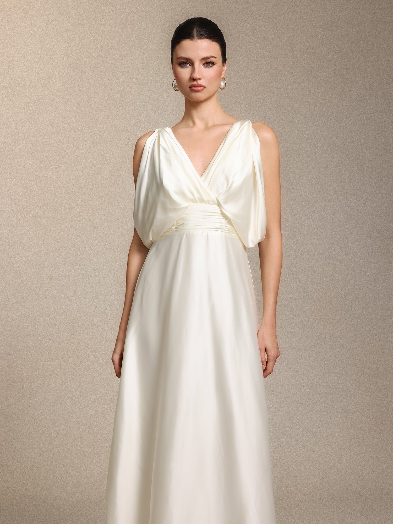 Heleza Elegant V Neck Curve-enhancing Ruched Beige Satin Maxi Dress