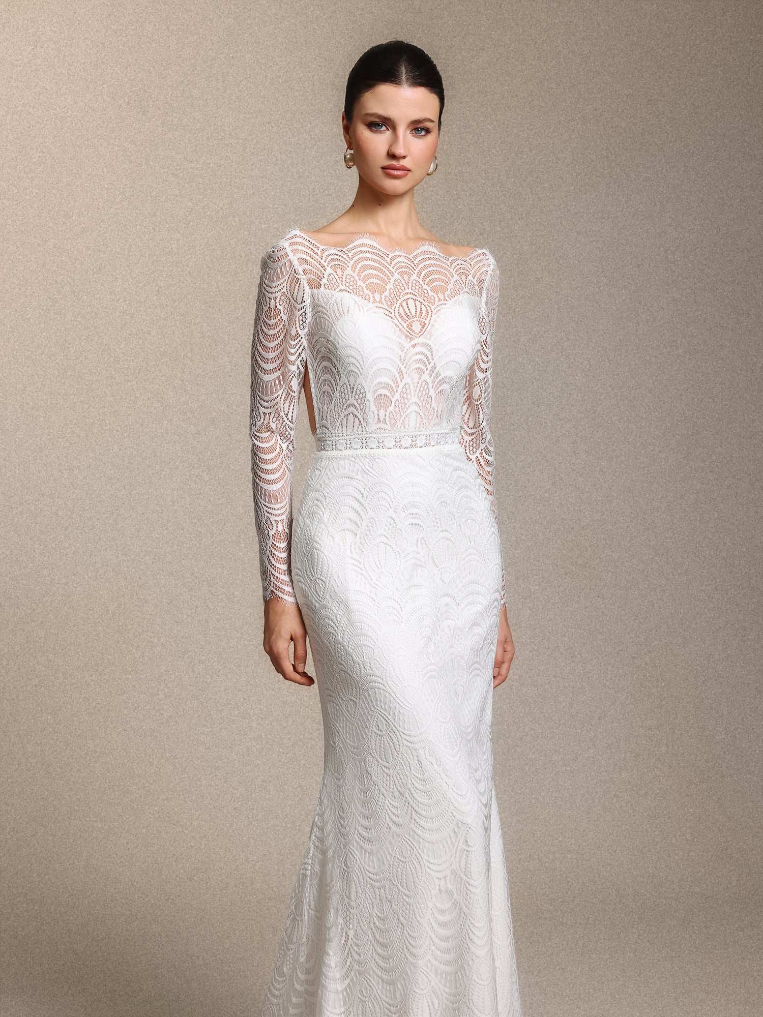 Myla Boho Tailored Open Back White Lace Train Maxi Wedding Dress