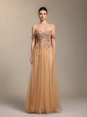 Krystal Chic Cinched Waist Off Shoulder Sequin Floral Applique Tulle Maxi Dress