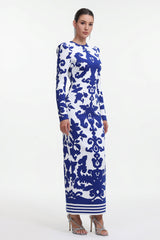 Round Neck Long Sleeve Jacquard Bandage Maxi Dress