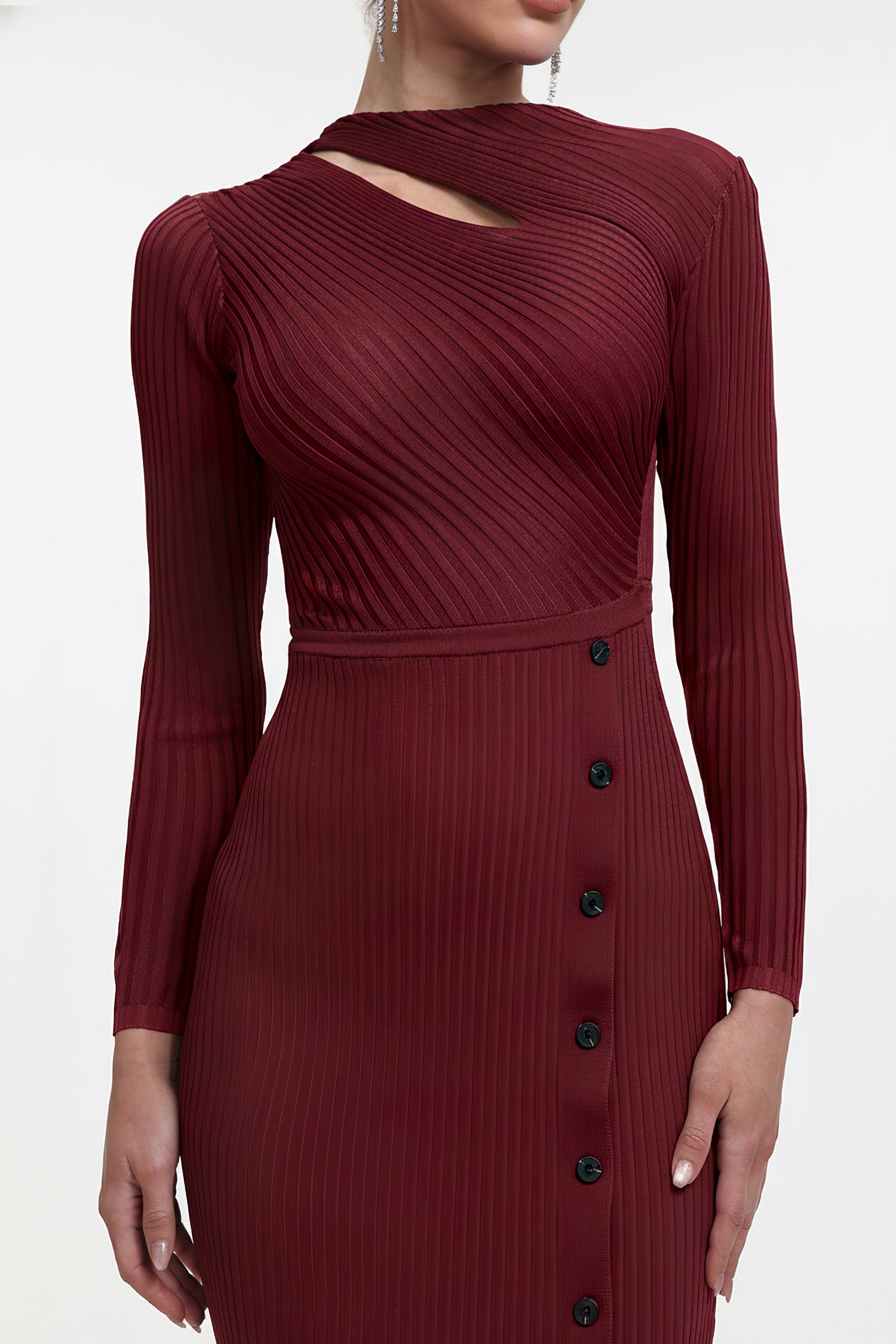 Classic Contour Long Sleeve Cut Out Knit Red Maxi Dress