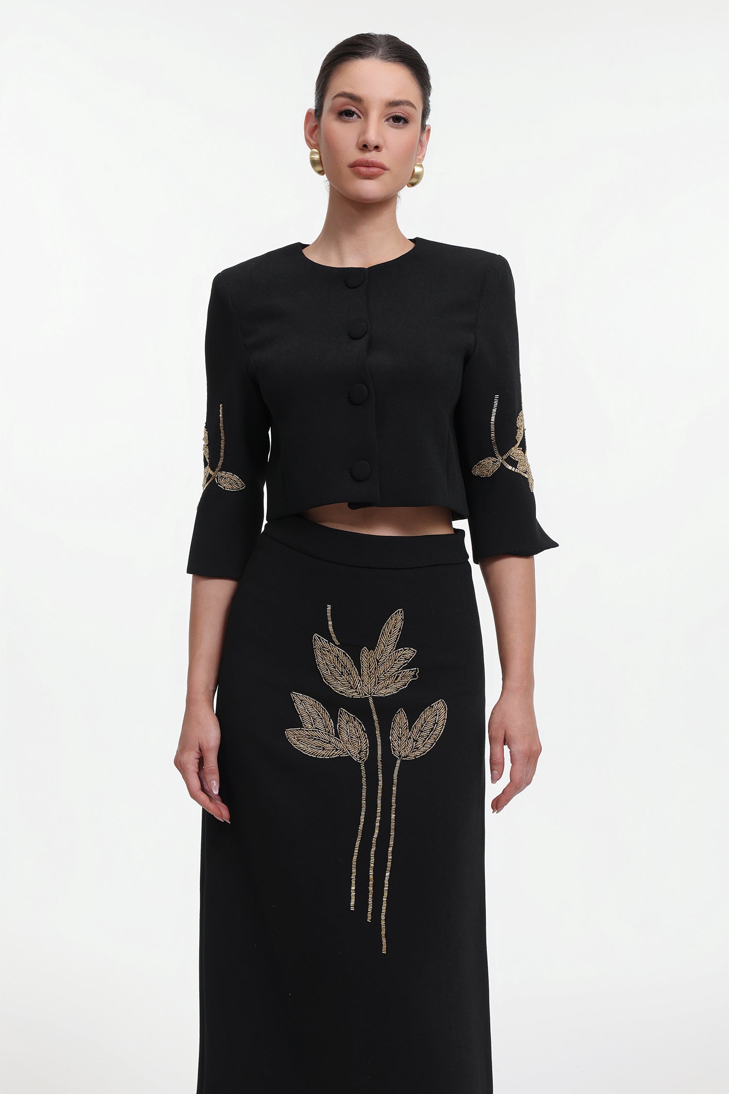 Debra Classic Tailored Beaded Floral Jacket and Skirt Set