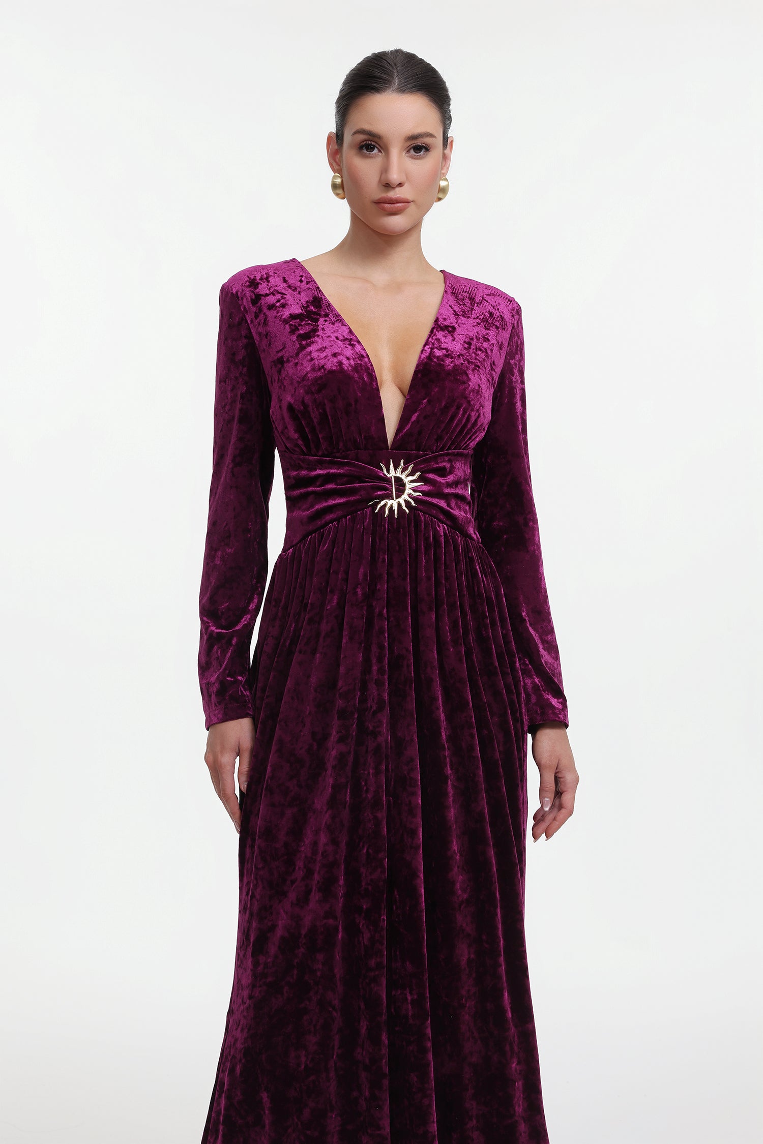 Ikara Chic Contour Long Sleeve V Neck Velvet Maxi Dress