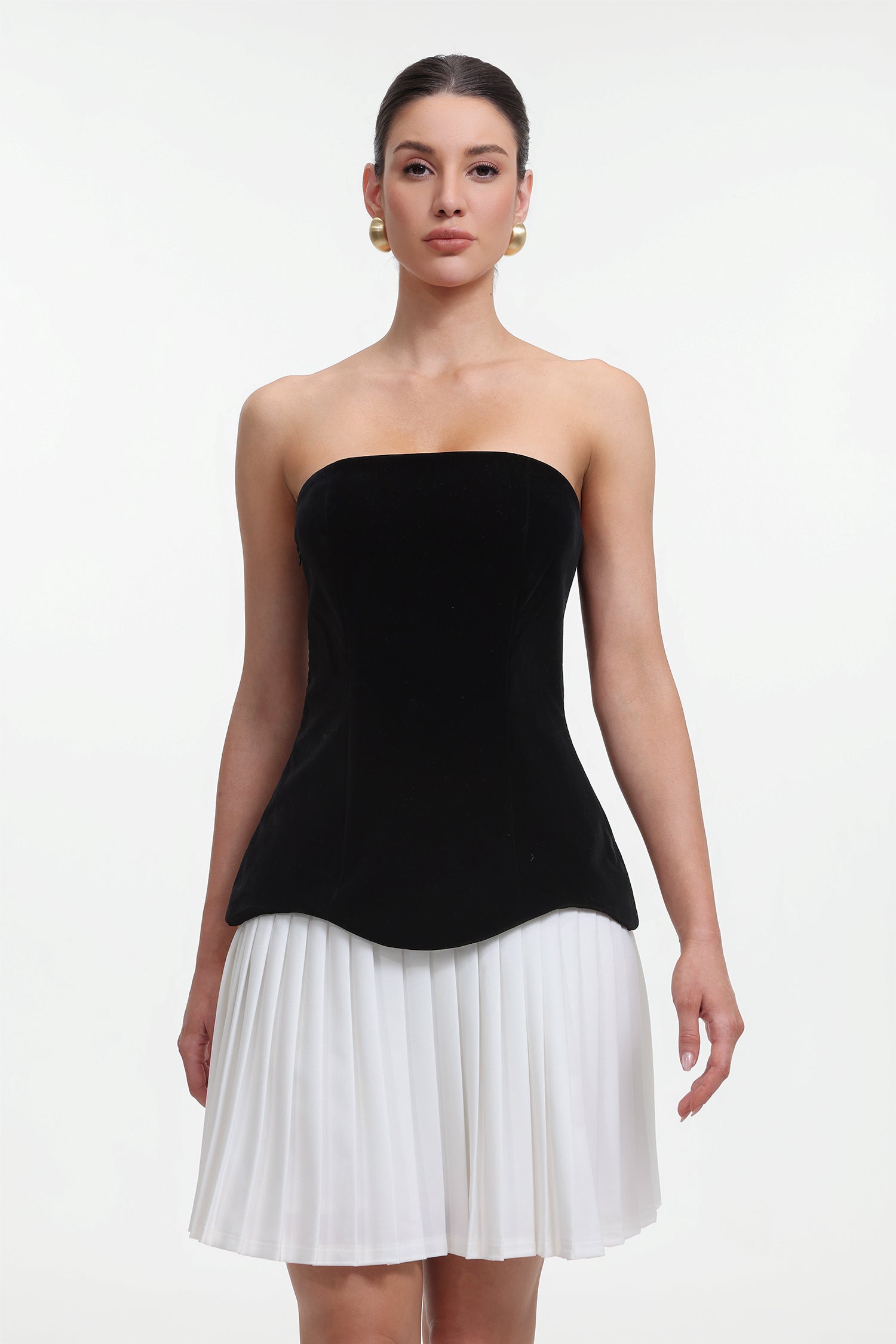 Ursula Chic Tailored Strapless Contrast Pleated Mini Dress