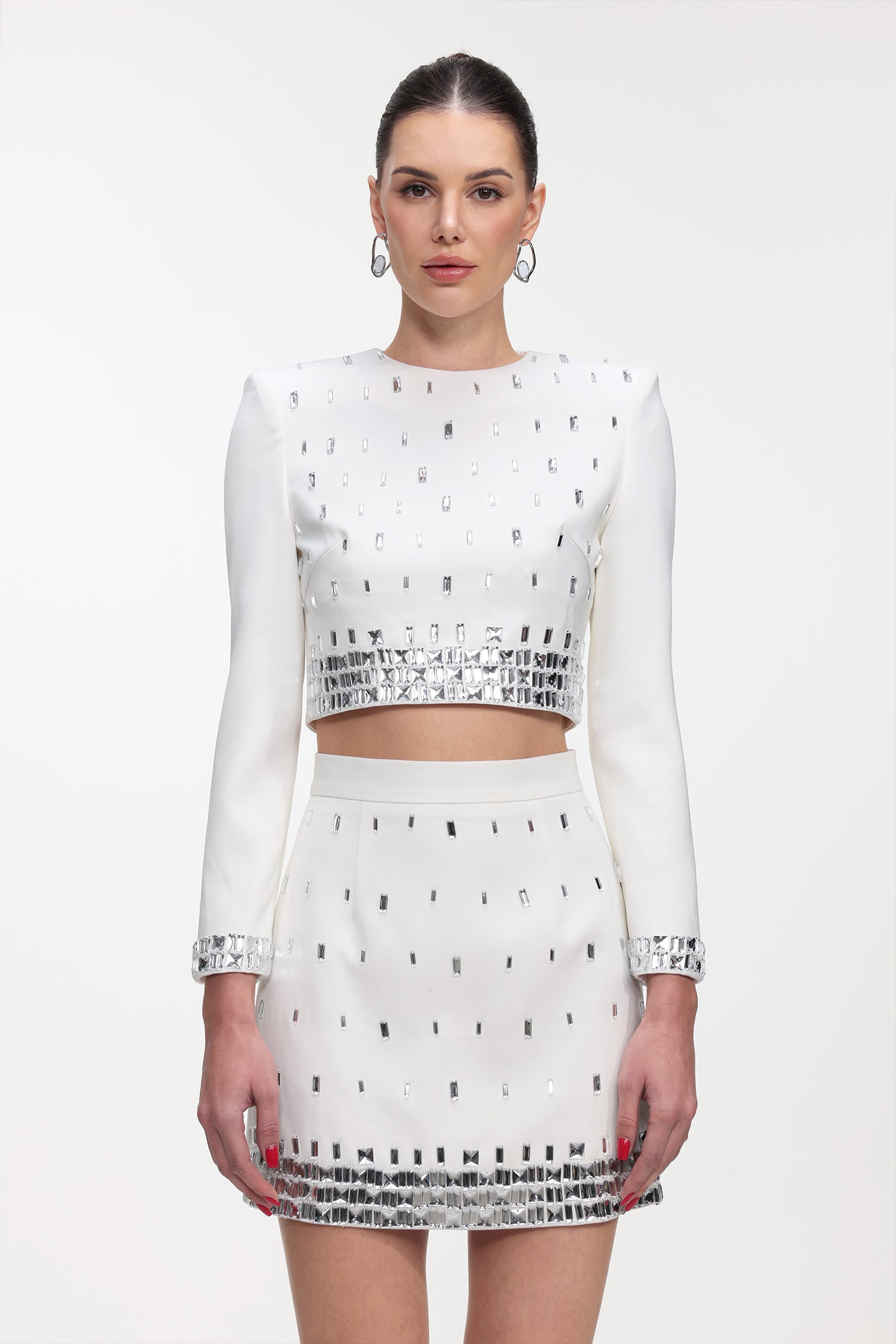 Derlyn Glamorous Tailored Long Sleeve Rhinestone Top and Skirt Set