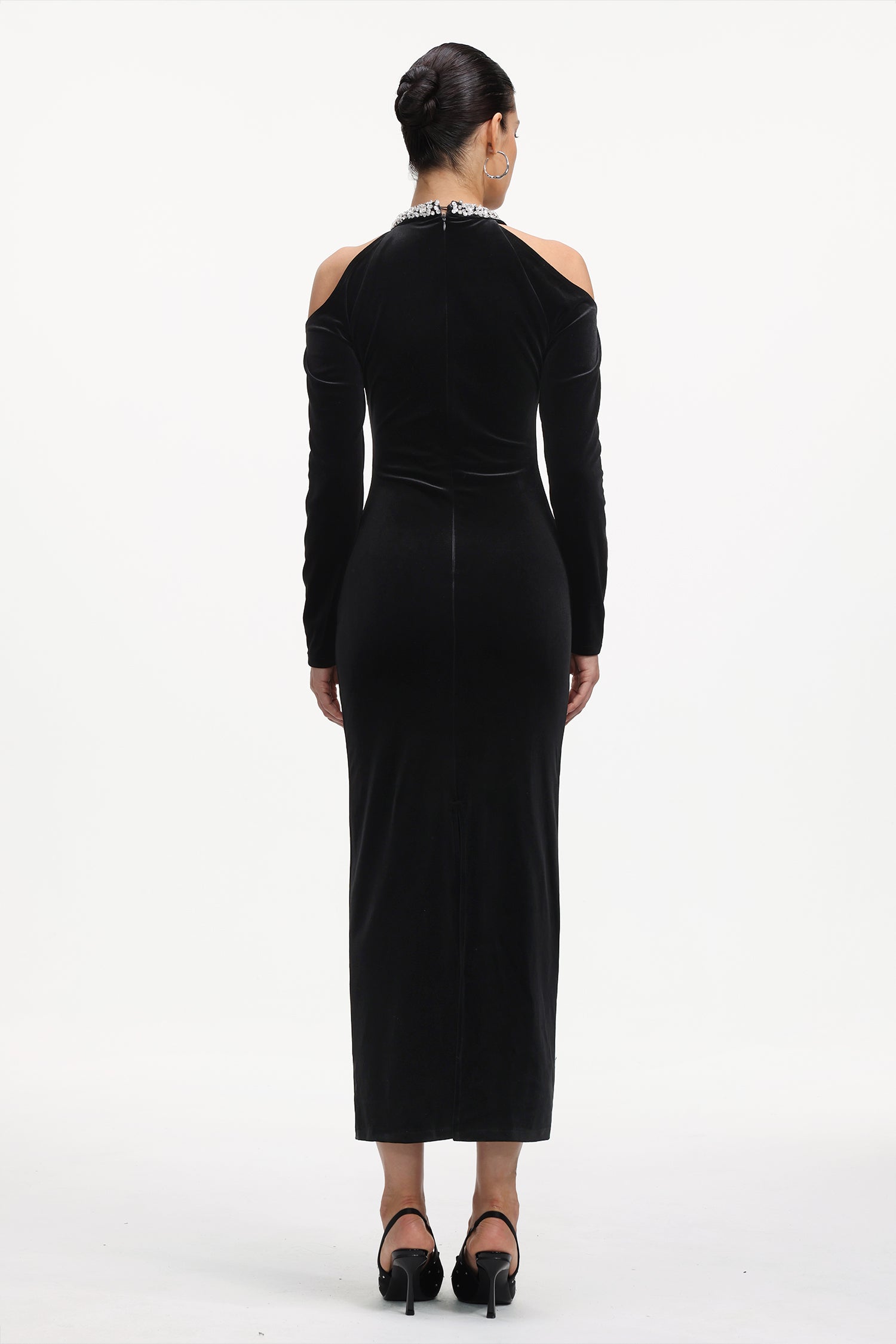 Dolcie Elegant Tailored Long Sleeve Cut Out Rhinestone Velvet Maxi Dress