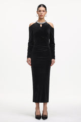 Dolcie Elegant Tailored Long Sleeve Cut Out Rhinestone Velvet Maxi Dress