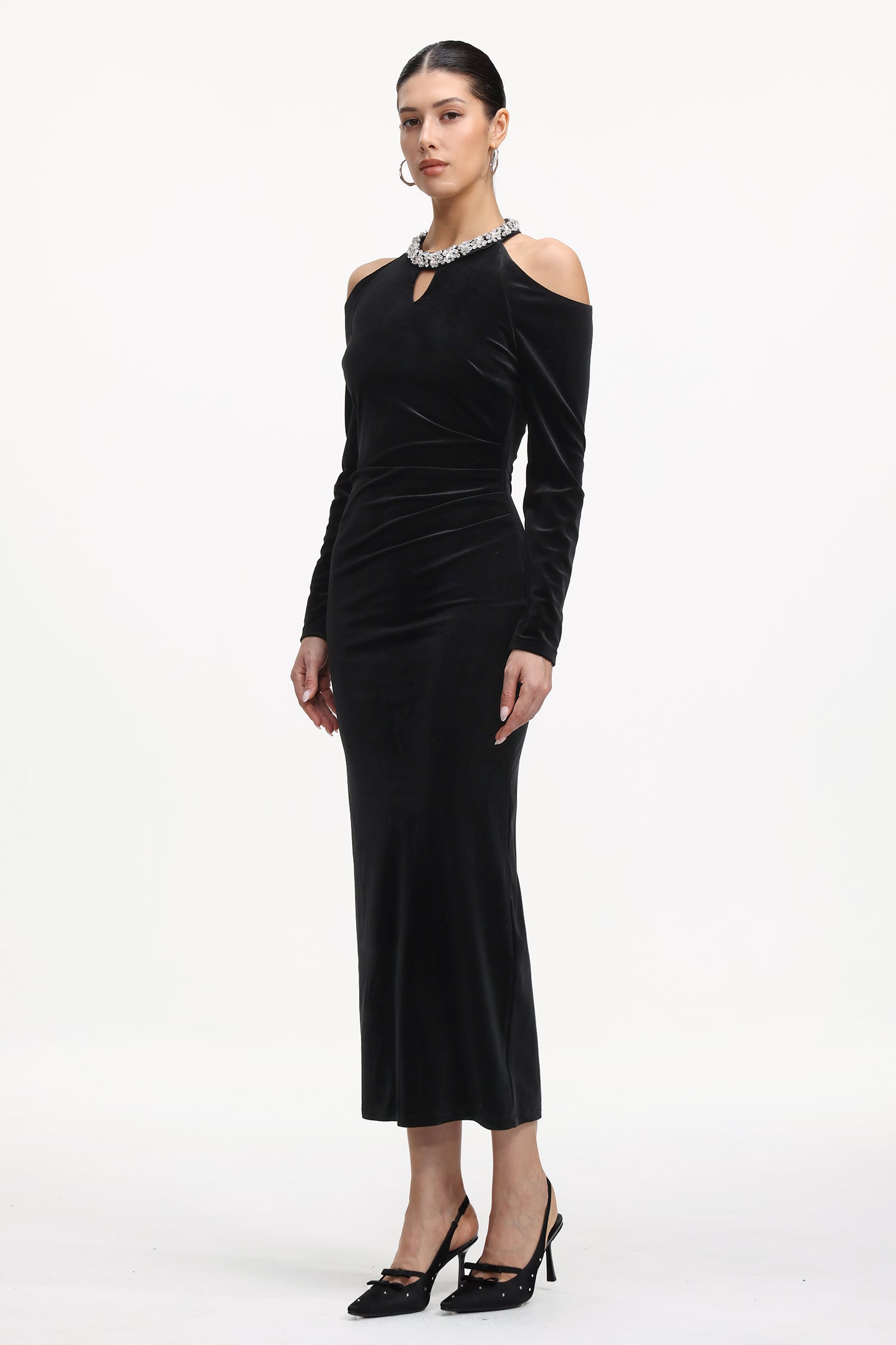 Dolcie Elegant Tailored Long Sleeve Cut Out Rhinestone Velvet Maxi Dress