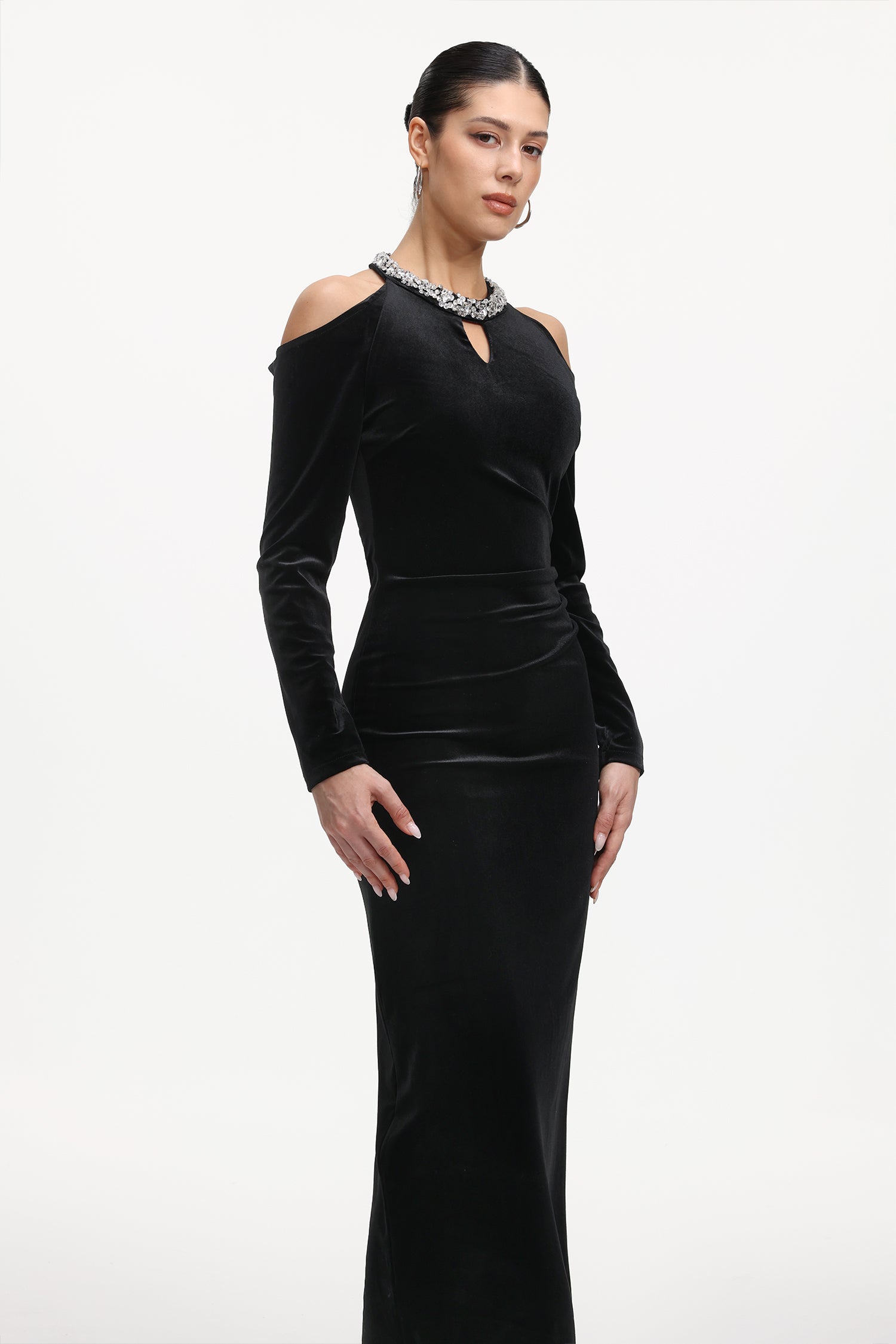Dolcie Elegant Tailored Long Sleeve Cut Out Rhinestone Velvet Maxi Dress