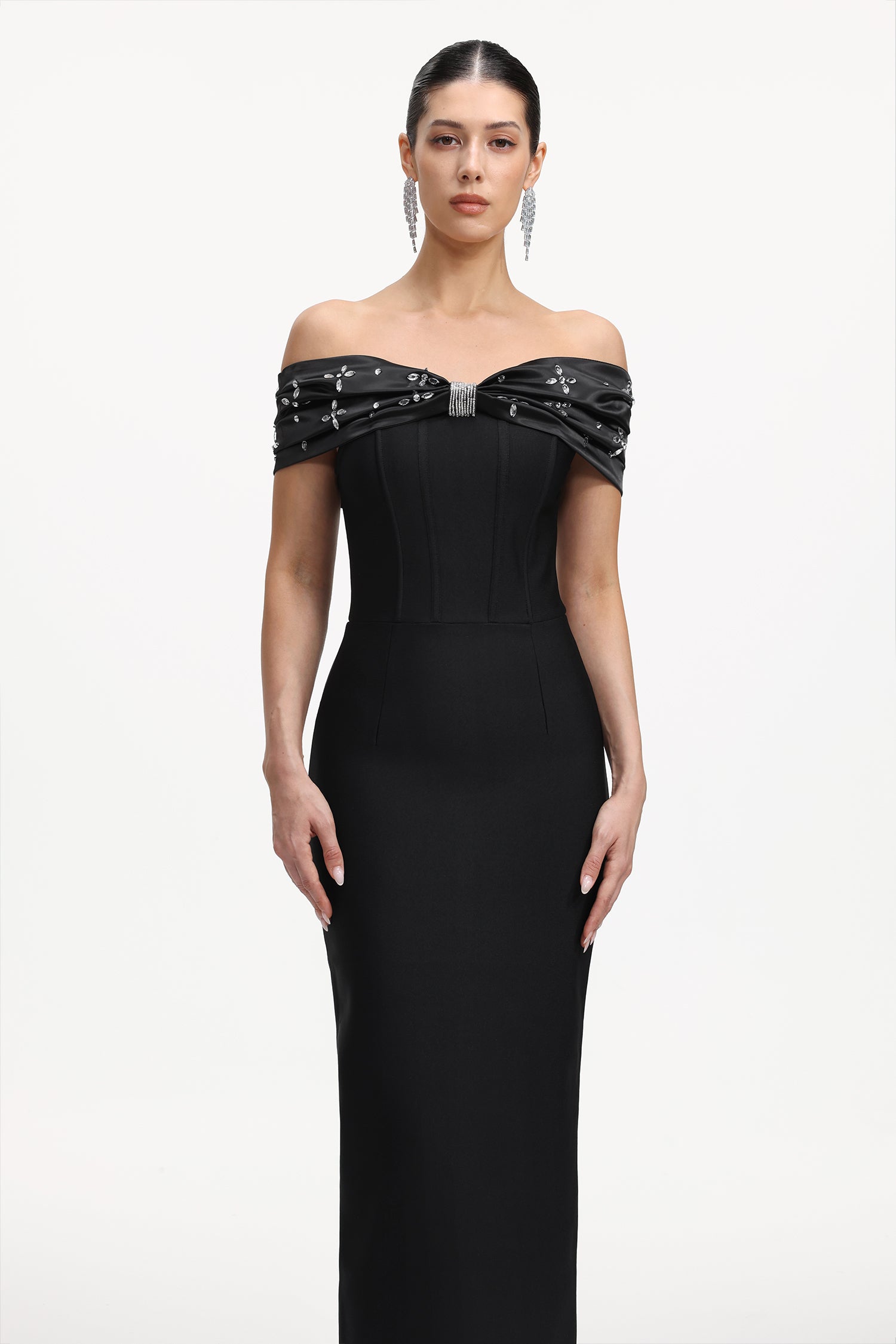 Lilya Elegant Contour Off Shoulder Rhinestone Bandage Maxi Dress