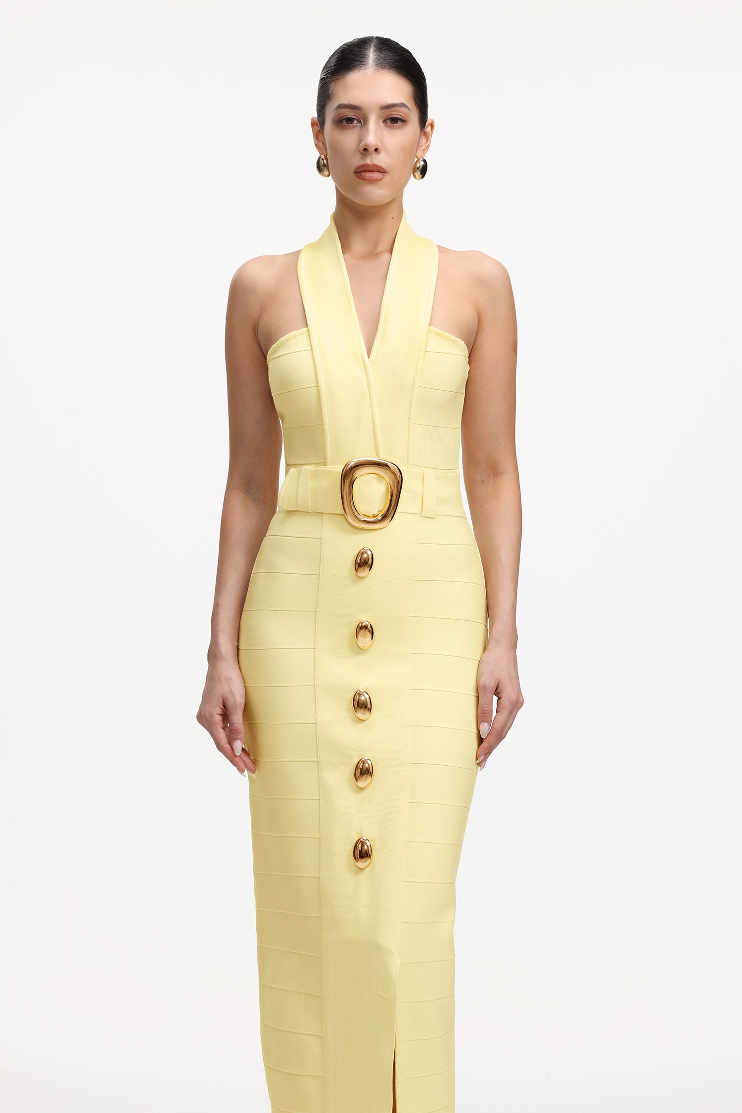 Lanla Chic Contour Halter Metal Buckle Bandage Maxi Dress