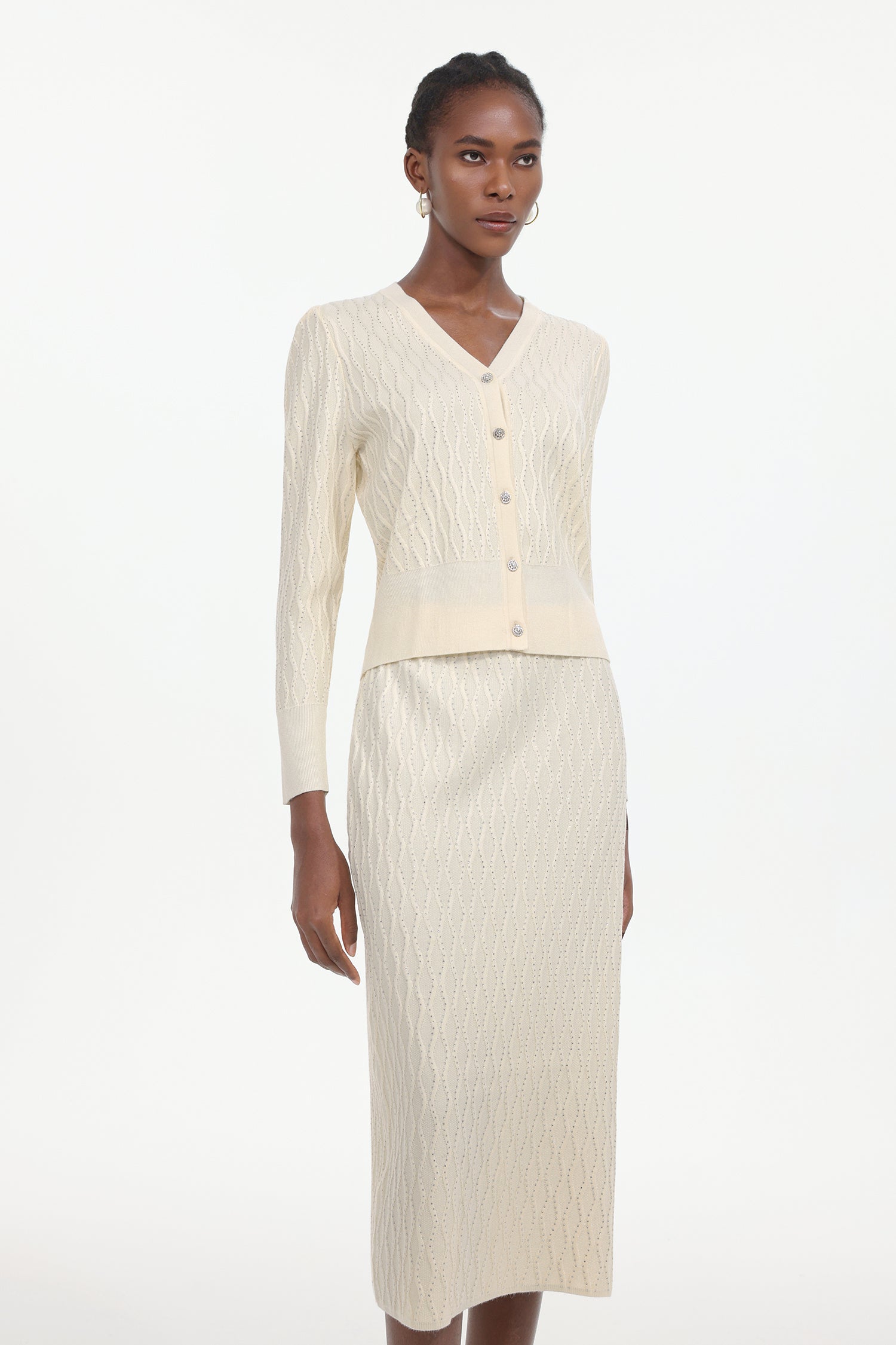Serafe Romantic Contour Long Sleeve Knit Top And Skirt Two-Piece Set